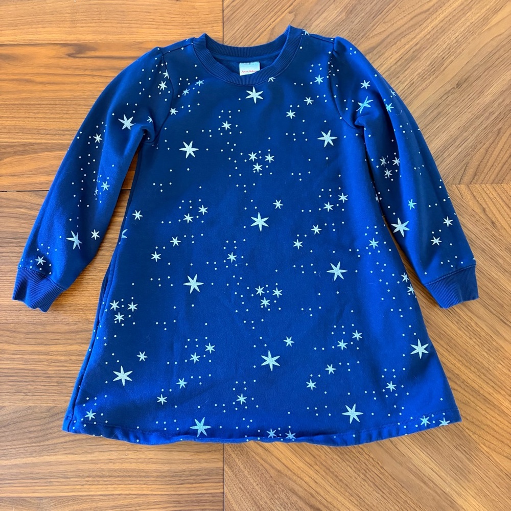 Hanna Andersson Long Sleeve Blue Silver  Star Foil Print Fleece Sweatshirt Dress